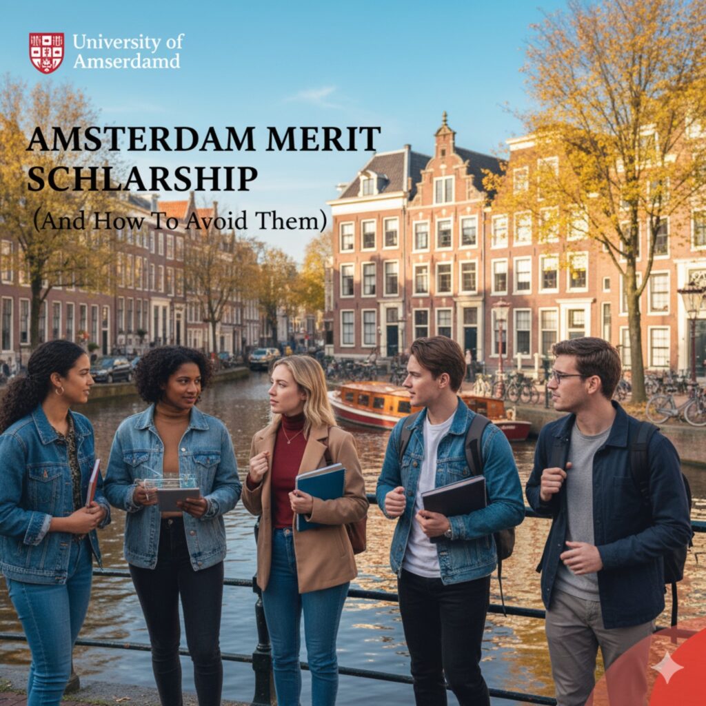 Students discussing by an Amsterdam canal, representing the Amsterdam Merit Scholarship experience.