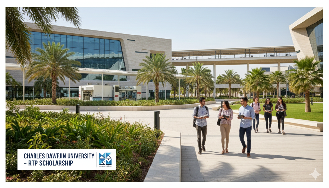 Charles Darwin University RTP Scholarship students walking through a modern, sunny campus with palm trees.