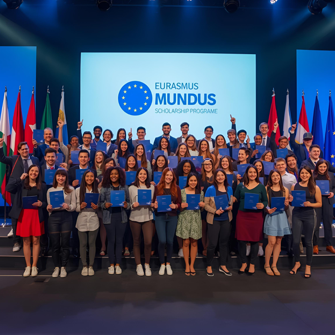 Erasmus Mundus MAPP Scholarship recipients celebrating on stage with EU and national flags.