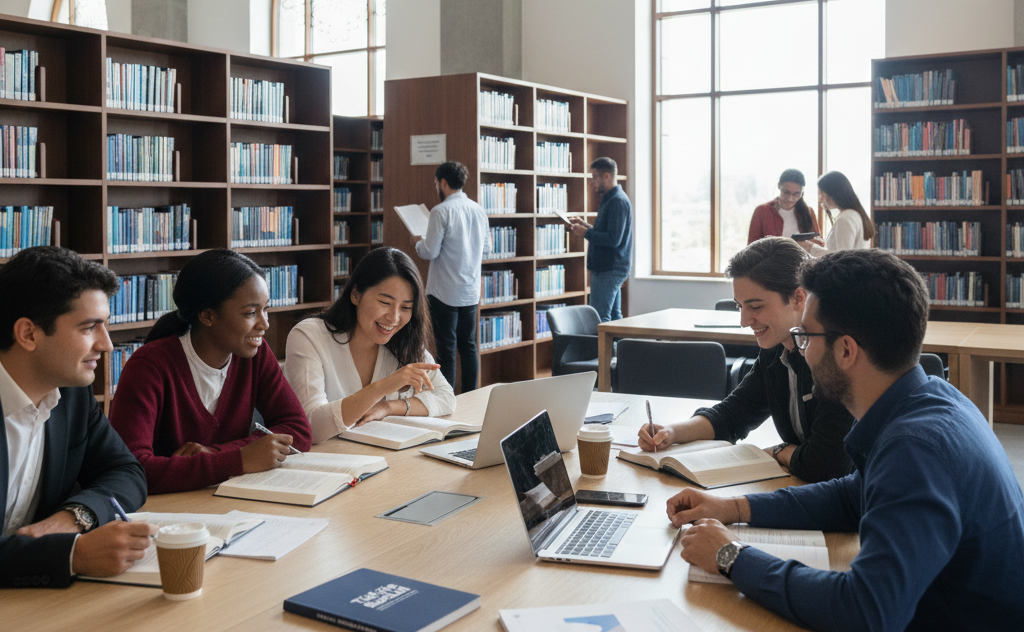 A diverse group of international students collaborating on a project in a modern Turkish university library, supported by the Türkiye Bursları scholarship