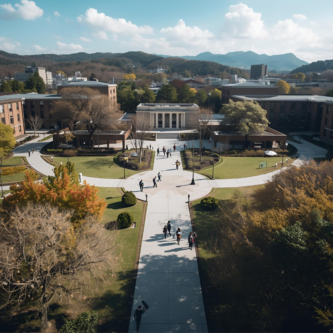 A Yokohama National University MEXT scholarship international student walking through the vibrant campus with traditional Japanese architecture.