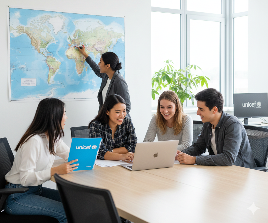 A diverse team of UNICEF interns collaborating on a global project in a modern office setting.
